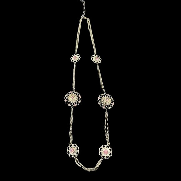 Silver Tone Pink Rhinestone Flower Statement Necklace 1940's 50's Retro Design - Picture 4 of 10